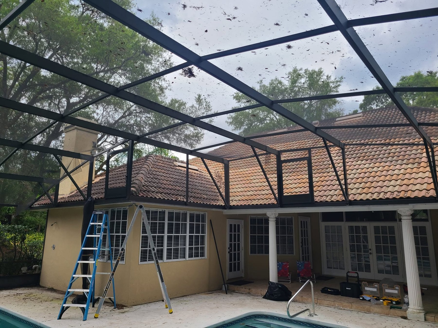 Smith's Screen Services technician installing pool enclosure screen on ladder