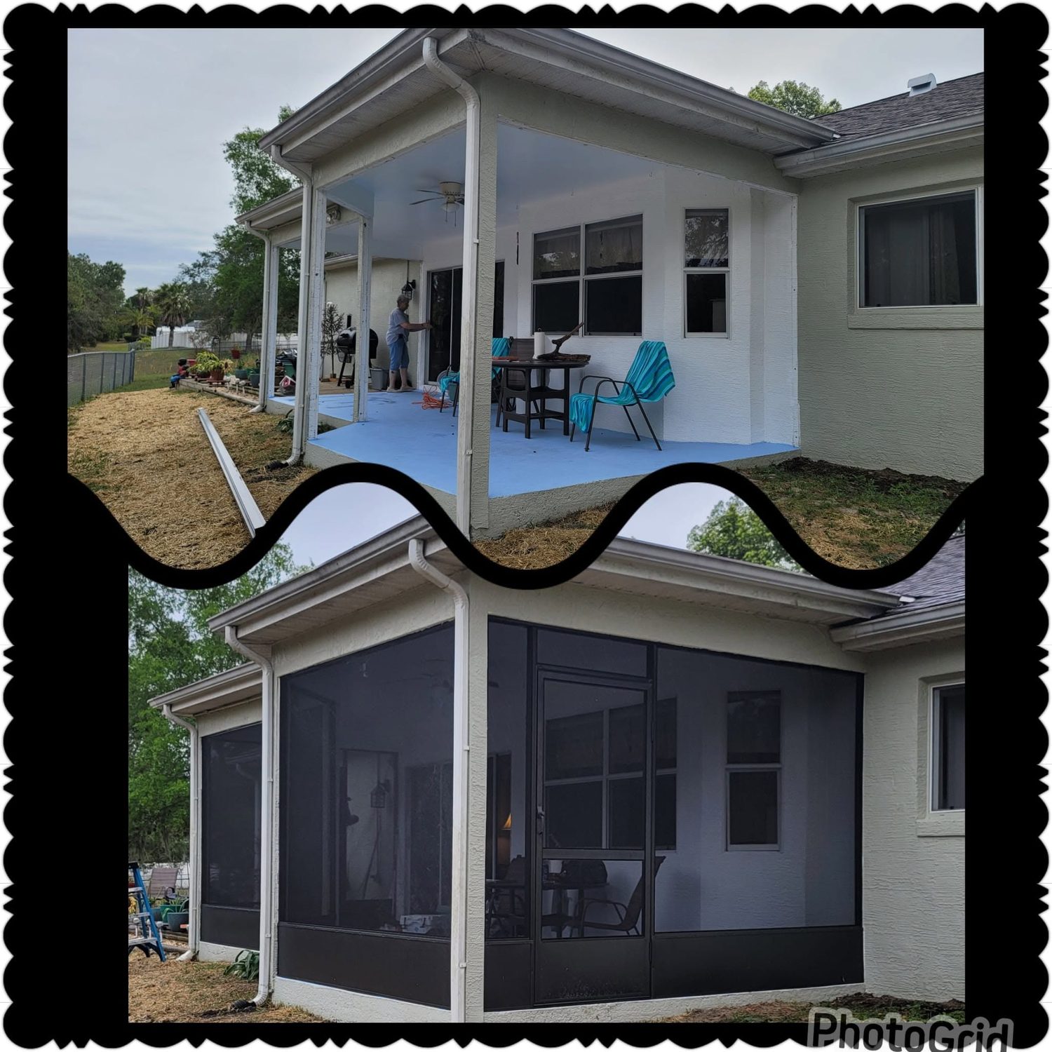 Before and after collage of screened patio construction project